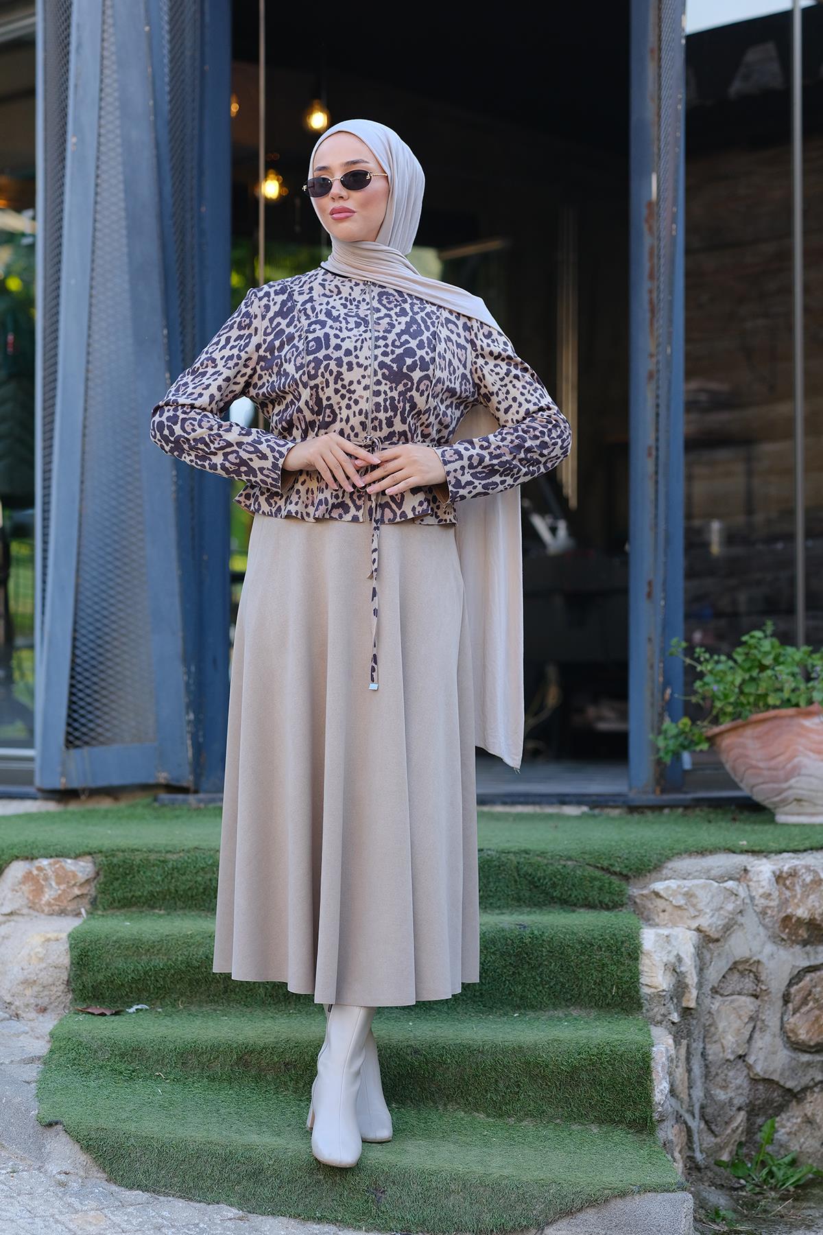 Leopar Deseni Etekli Takım Krem