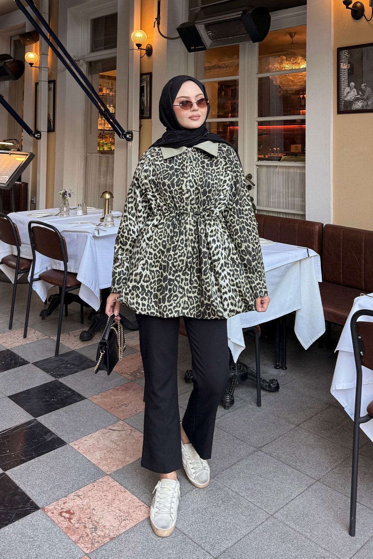 Leopar Desenli Fermualı Trenç Yeşil