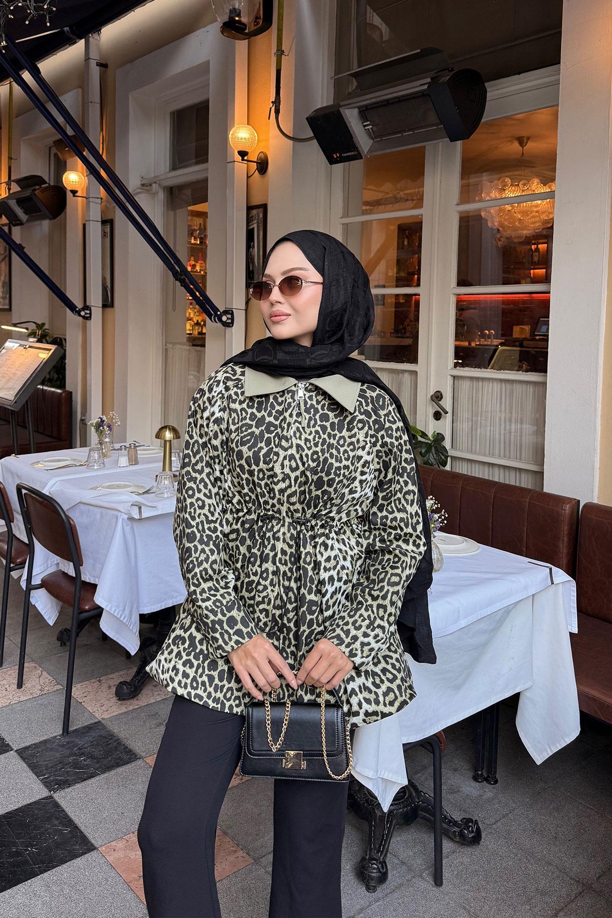 Leopar Desenli Fermualı Trenç Yeşil