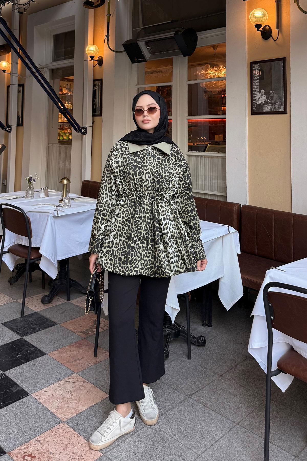 Leopar Desenli Fermualı Trenç Yeşil