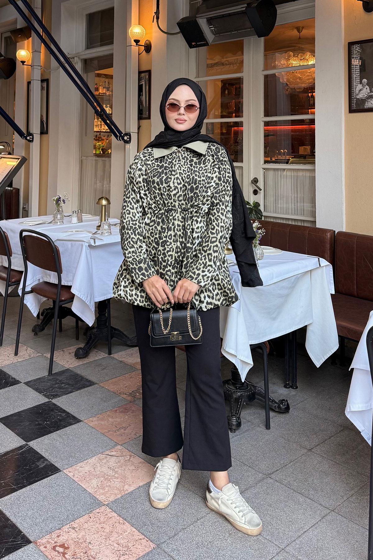 Leopar Desenli Fermualı Trenç Yeşil