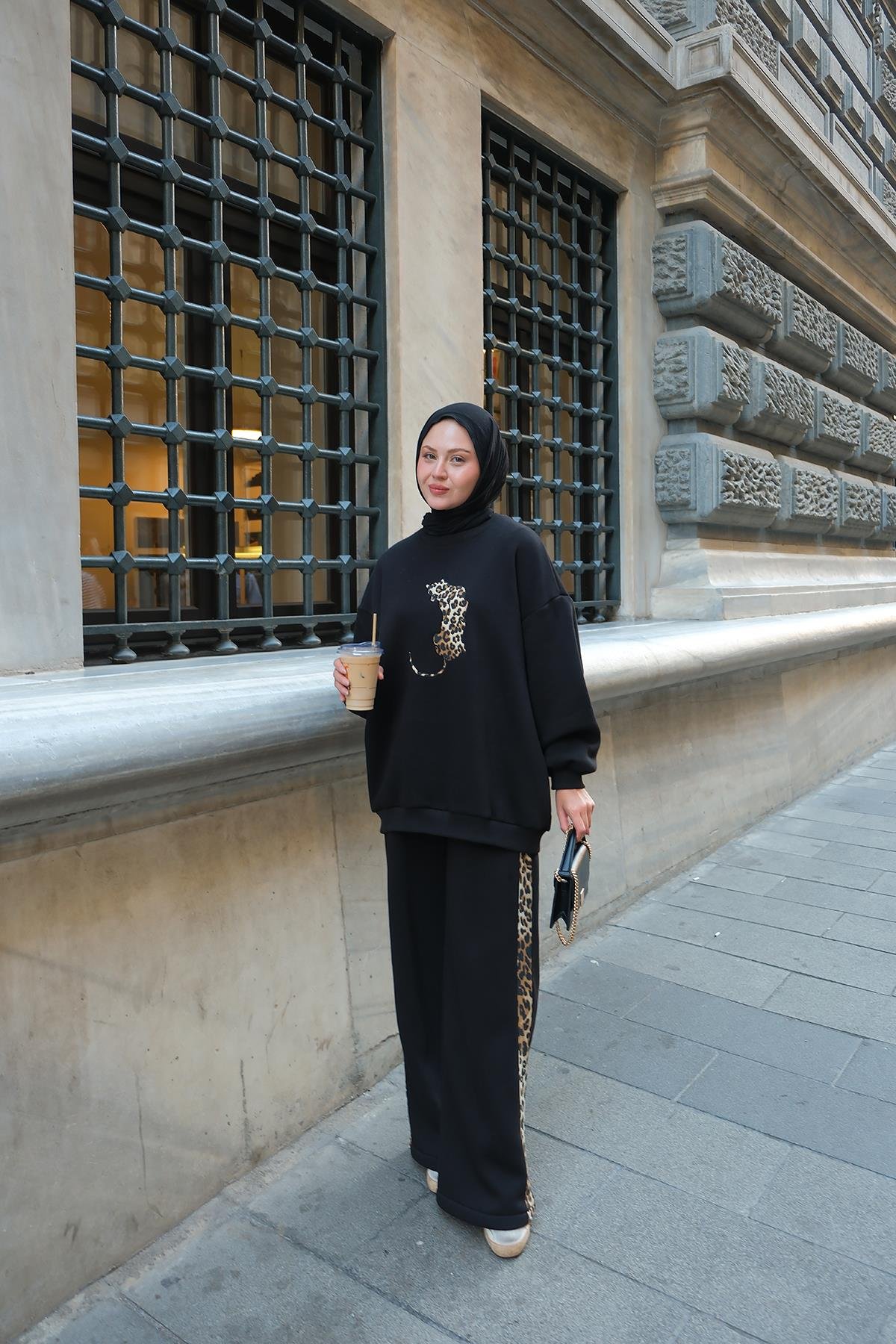 Leopar Desenli İkili Takım Siyah