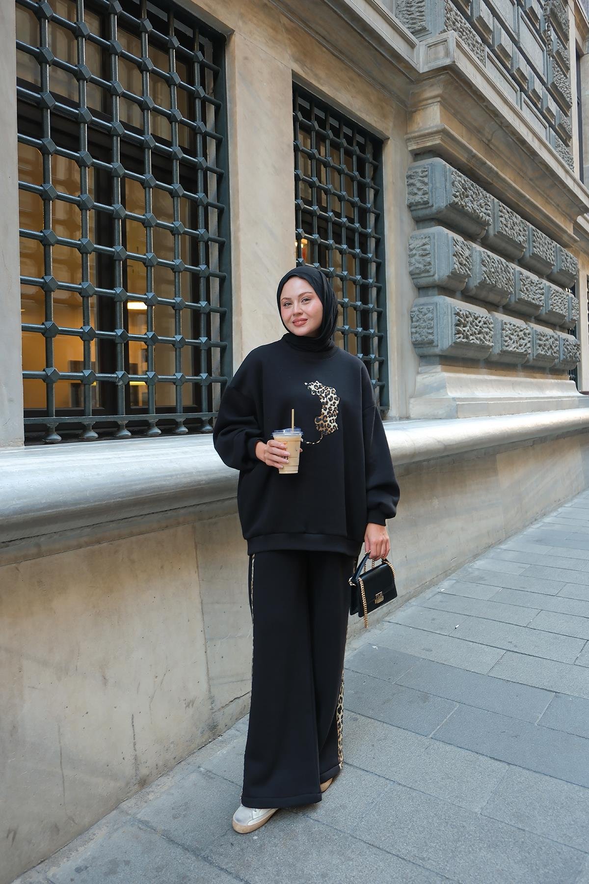 Leopar Desenli İkili Takım Siyah