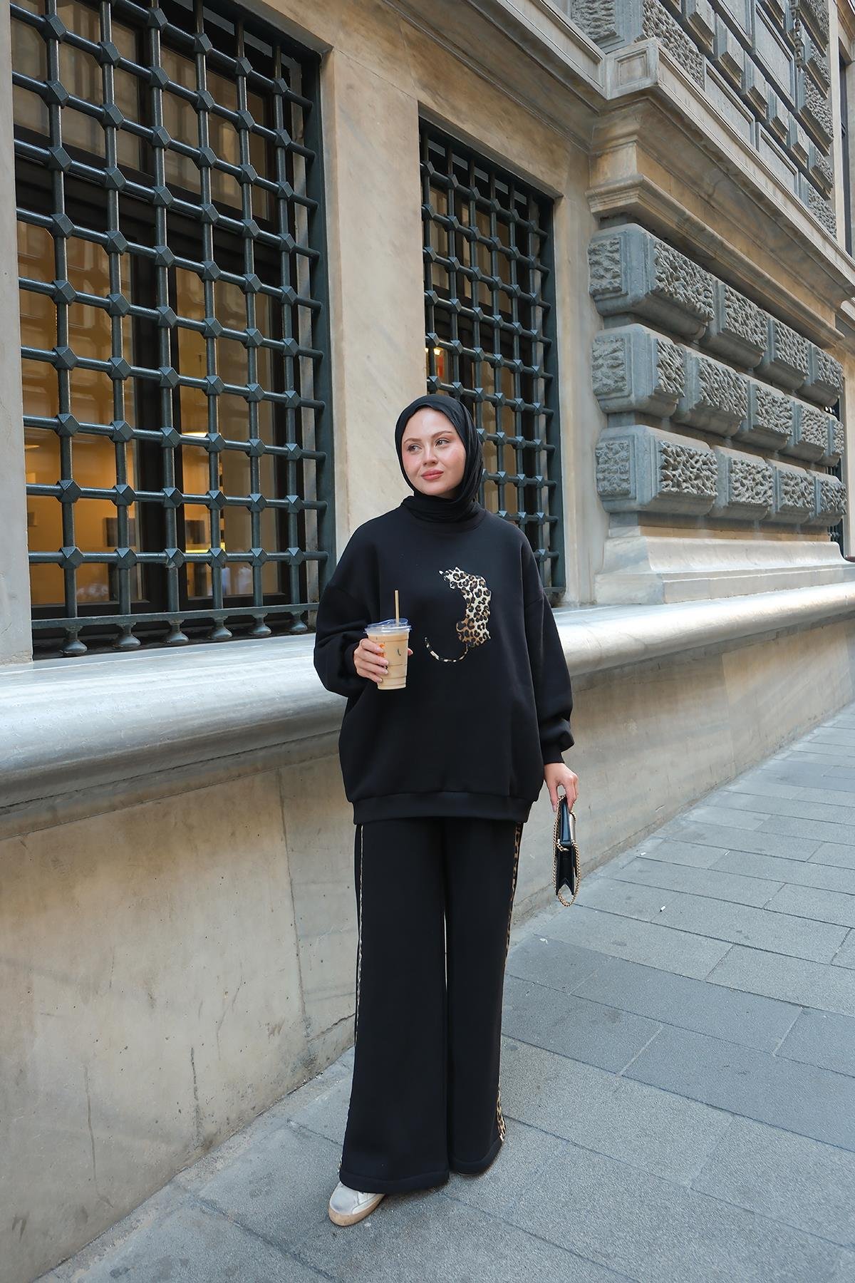 Leopar Desenli İkili Takım Siyah