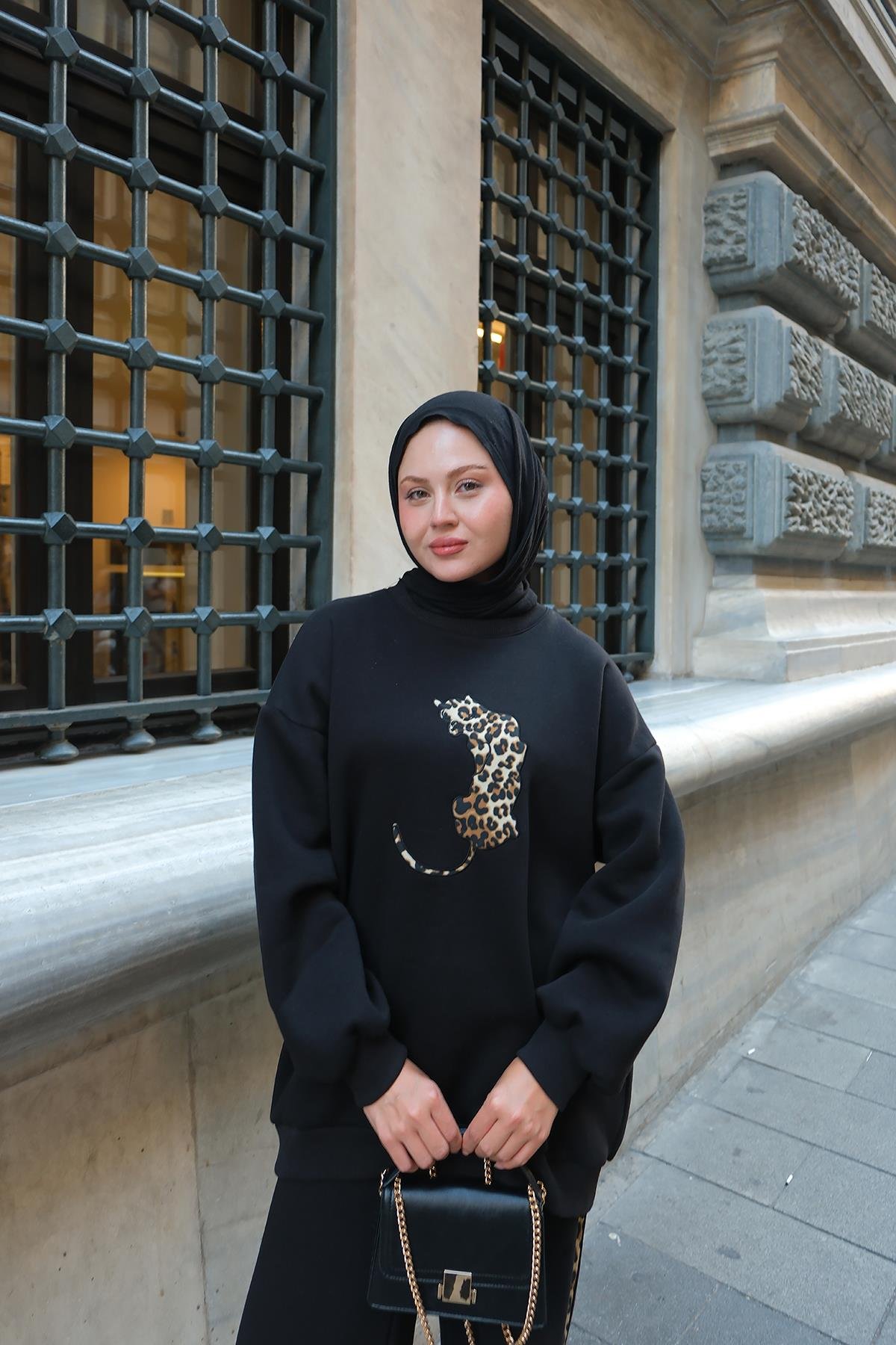 Leopar Desenli İkili Takım Siyah