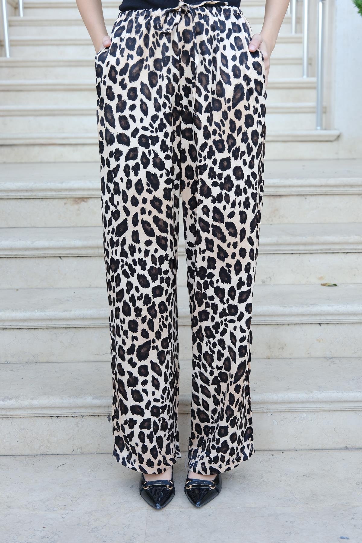 Leopar Desenli Pantolon Krem