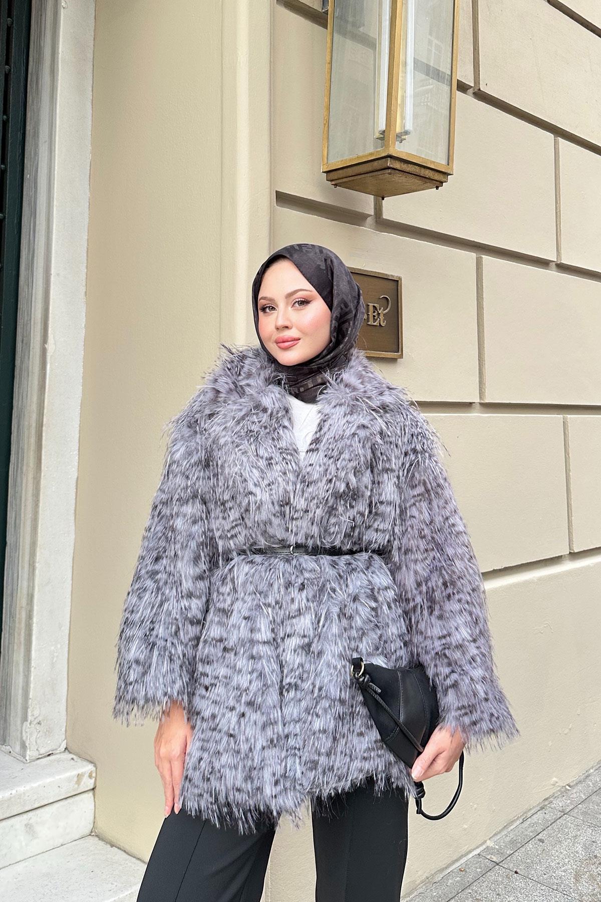 Leopar Kemer Detay Kürk Gri