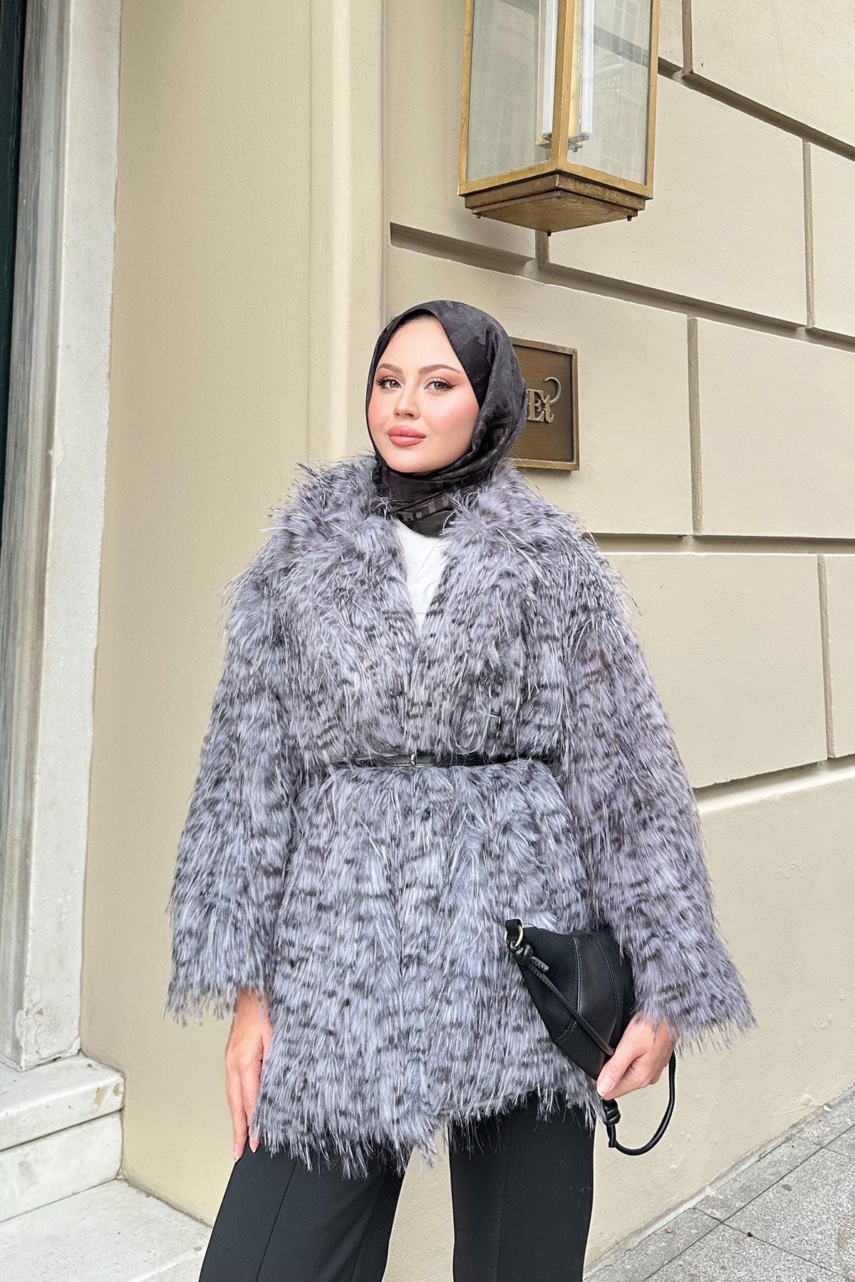 Leopar Kemer Detay Kürk Gri