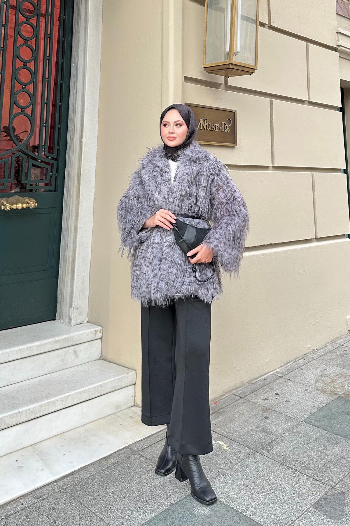 Leopar Kemer Detay Kürk Gri