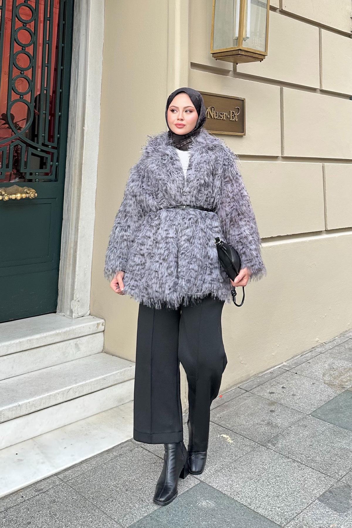 Leopar Kemer Detay Kürk Gri