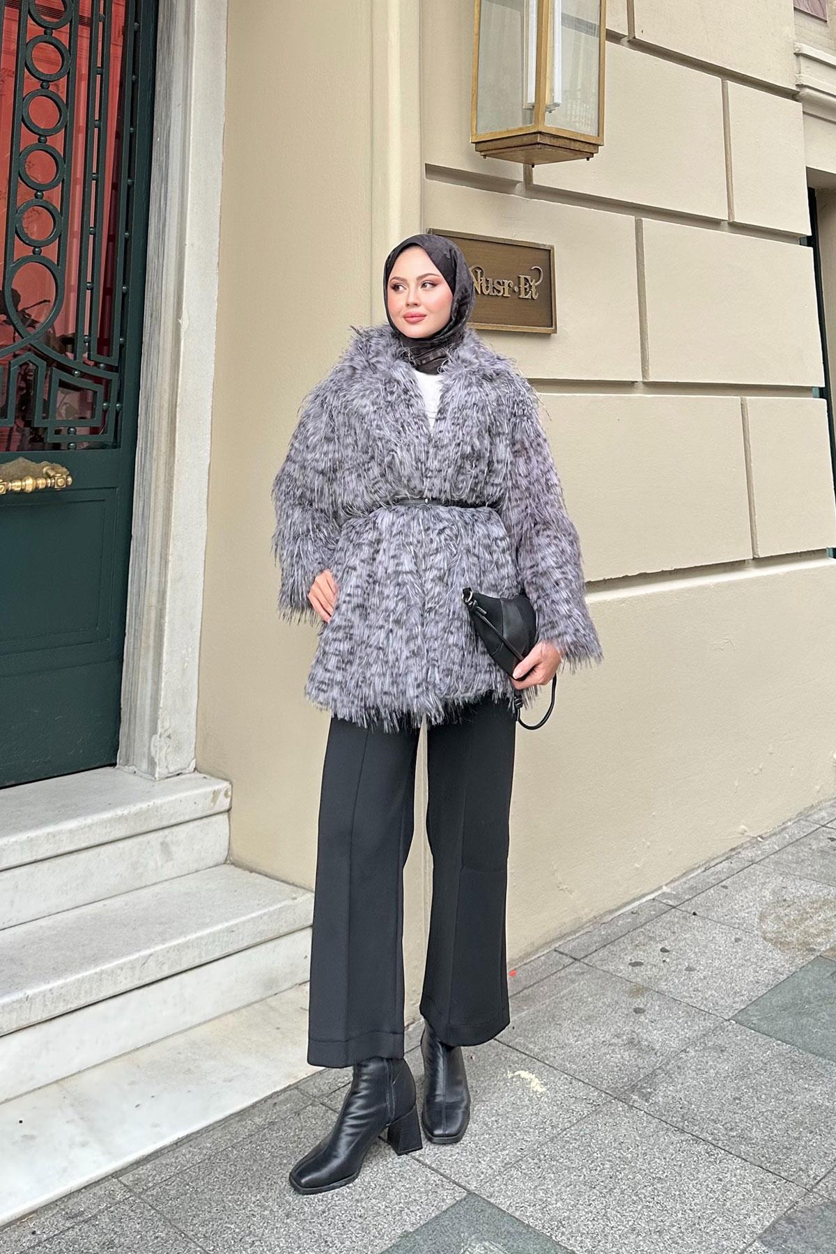 Leopar Kemer Detay Kürk Gri