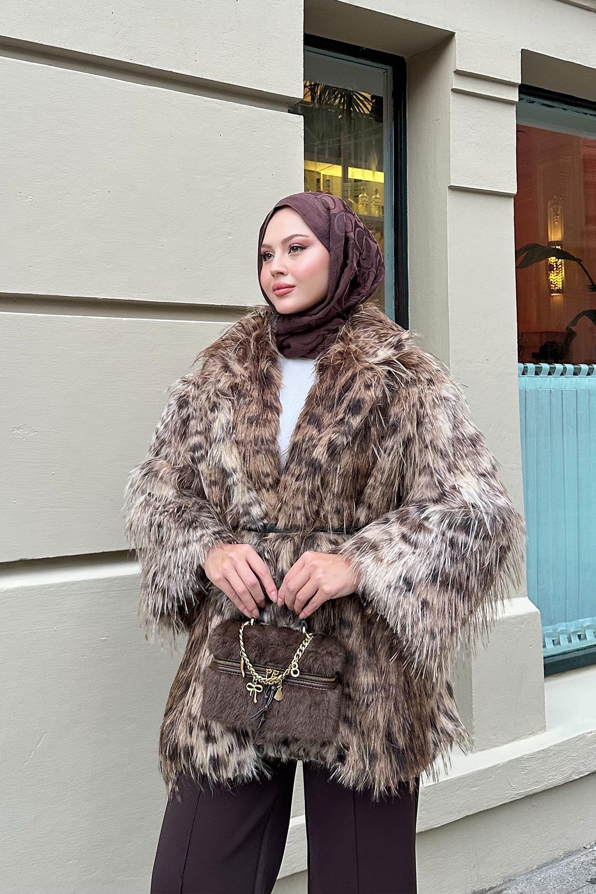 Leopar Kemer Detay Kürk Kahverengi