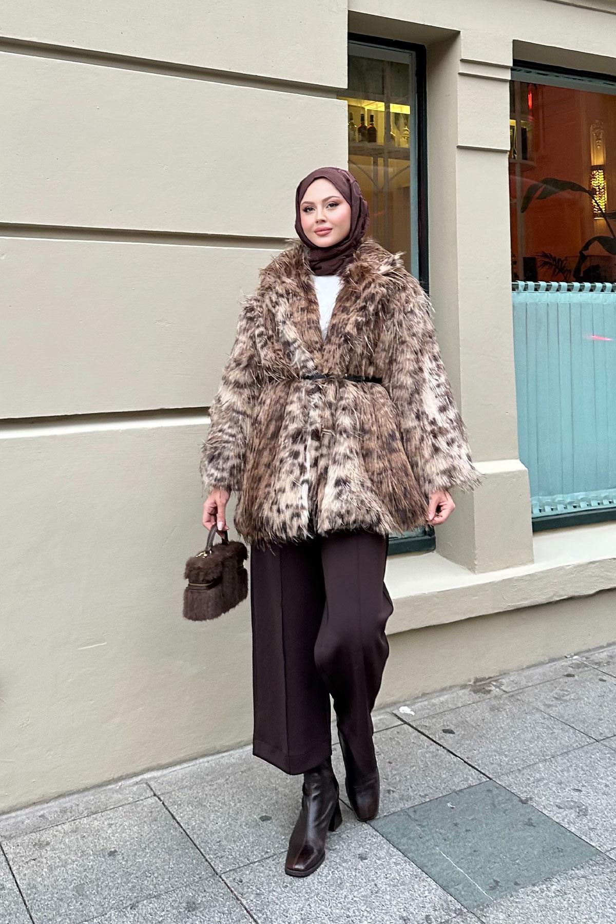 Leopar Kemer Detay Kürk Kahverengi