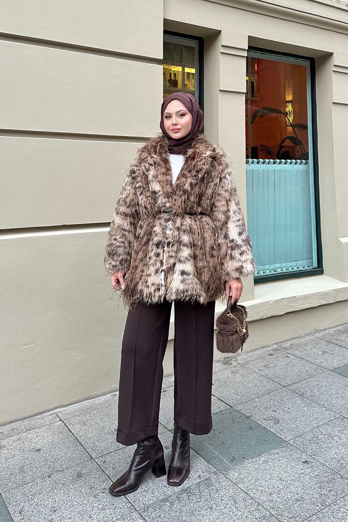 Leopar Kemer Detay Kürk Kahverengi