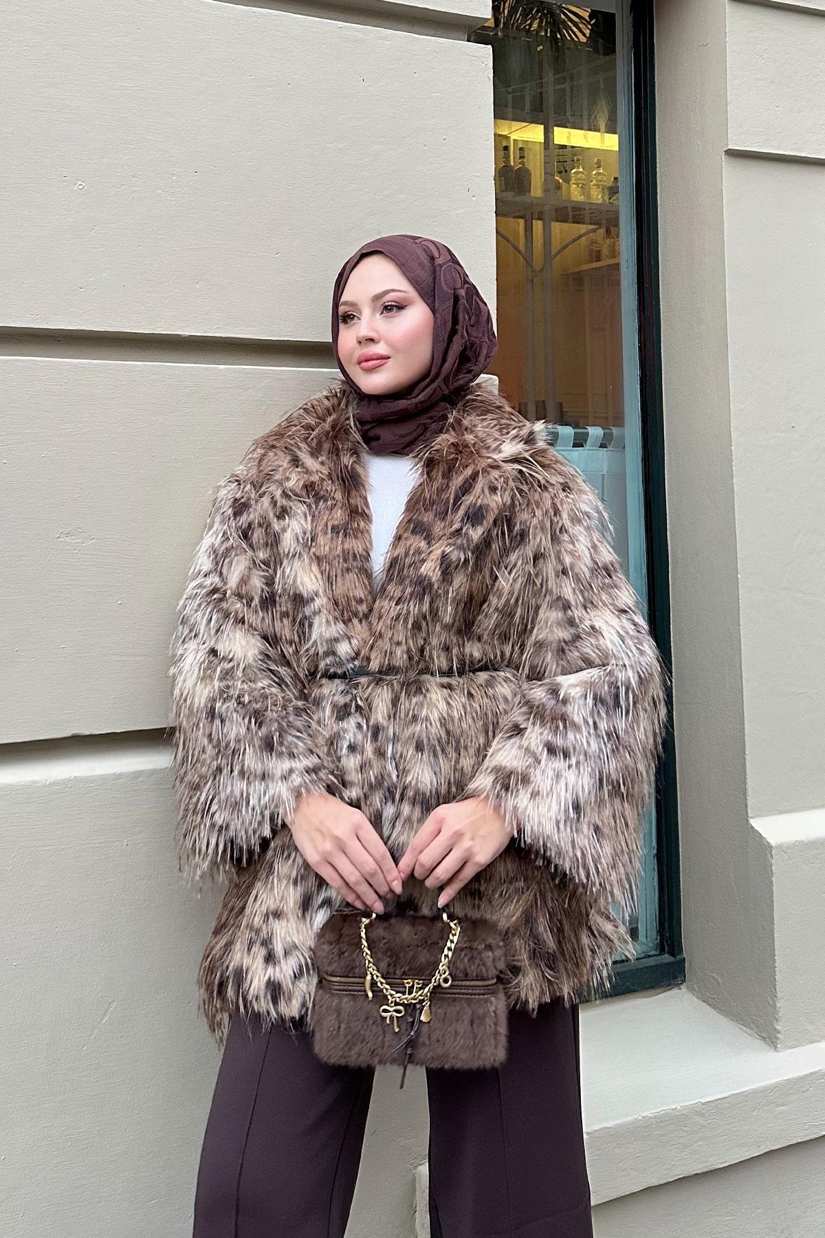 Leopar Kemer Detay Kürk Kahverengi