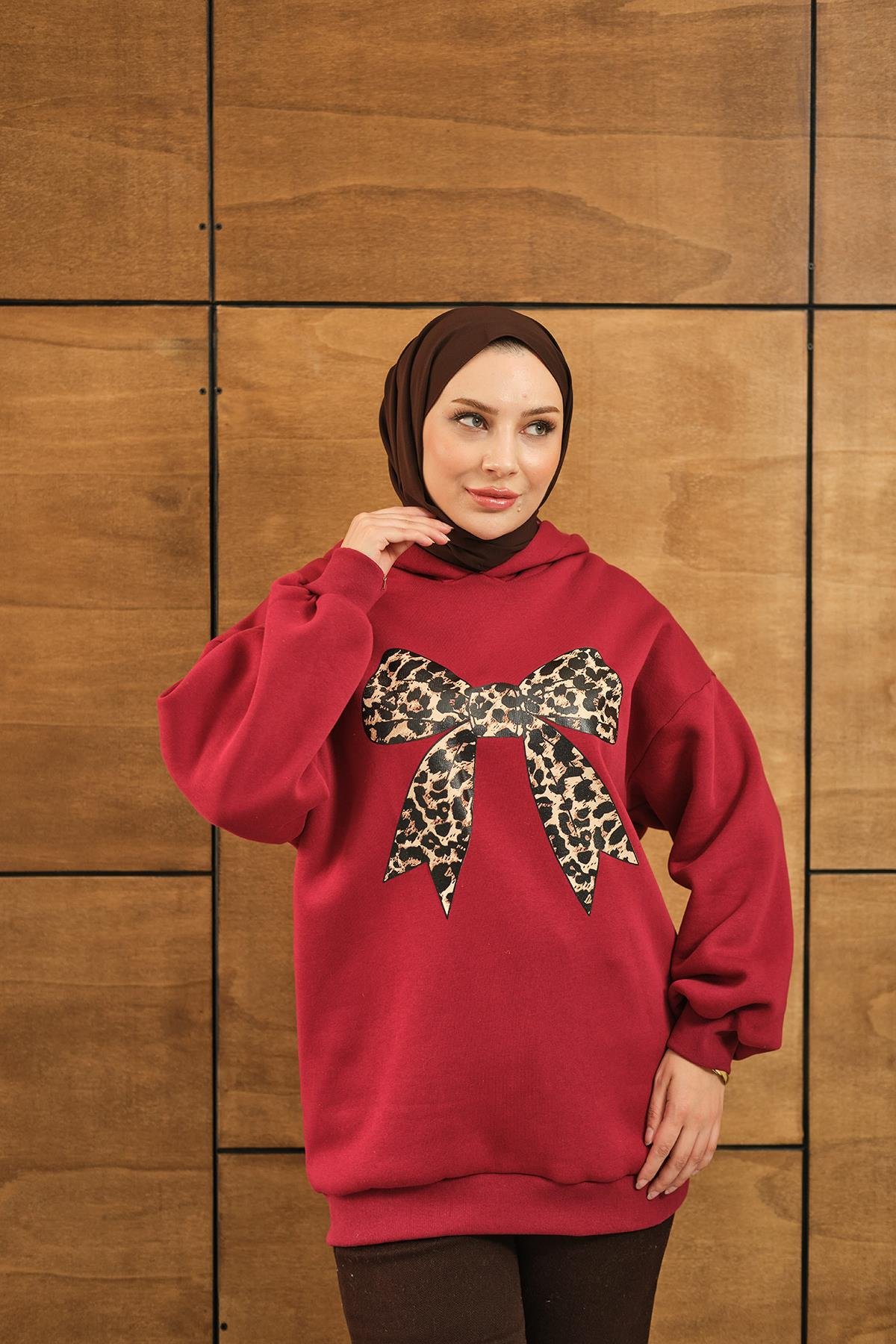 Leopar Kurdele Detaylı Sweat Kırmızı