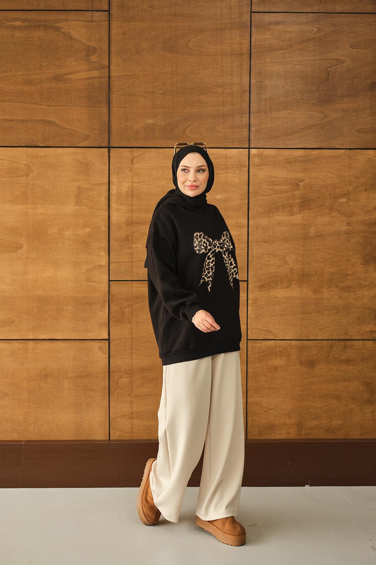 Leopar Kurdele Detaylı Sweat Siyah