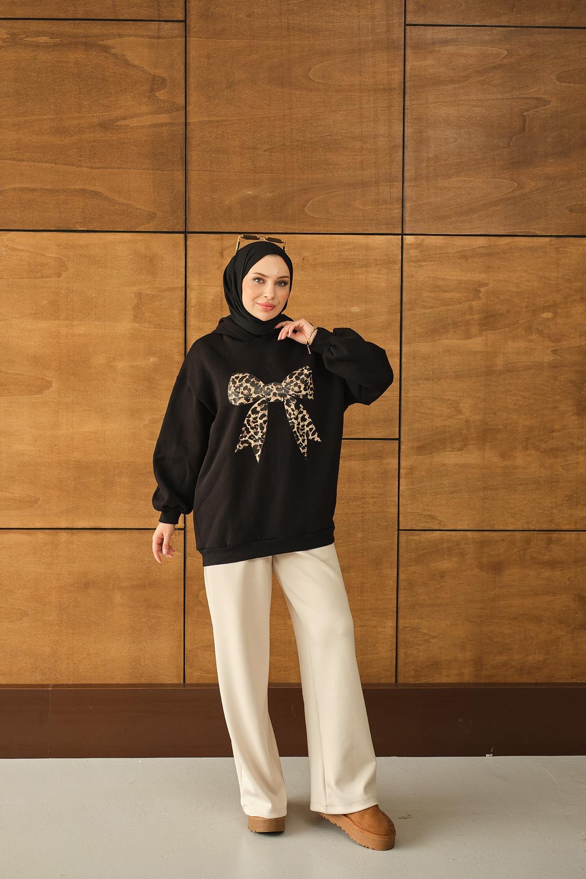 Leopar Kurdele Detaylı Sweat Siyah