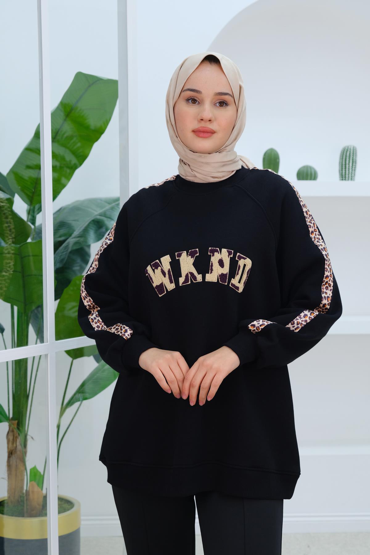 Leopar Şerit Detaylı Sweat Siyah