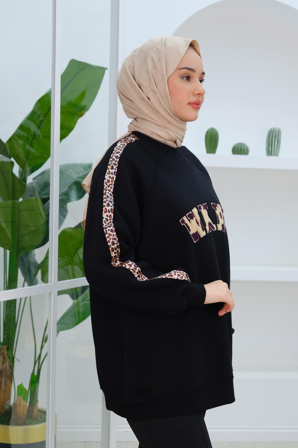 Leopar Şerit Detaylı Sweat Siyah