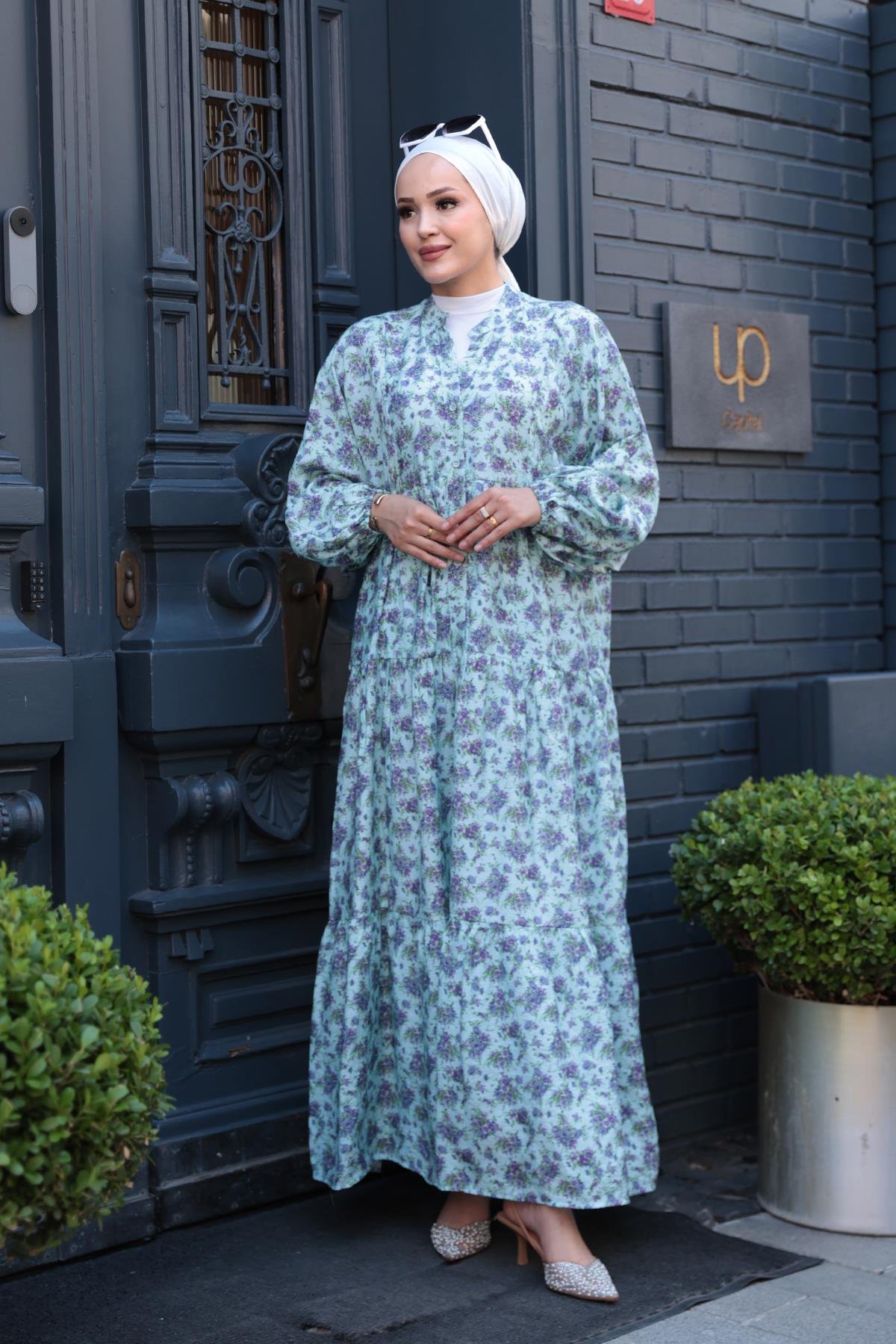 Menekşe Desen Elbise Bebe Mavi