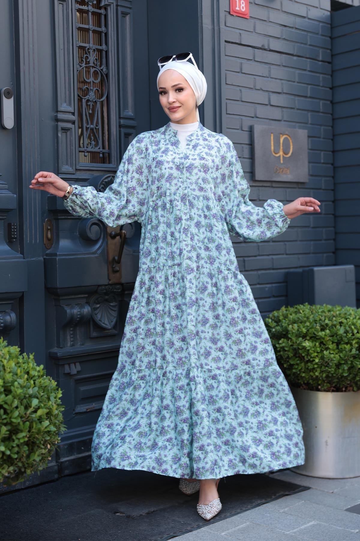 Menekşe Desen Elbise Bebe Mavi