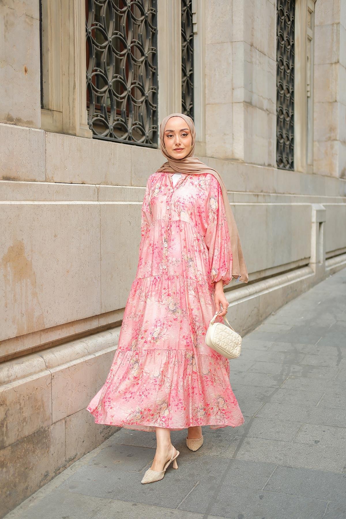 Mercan Desenli Elbise Fuşya