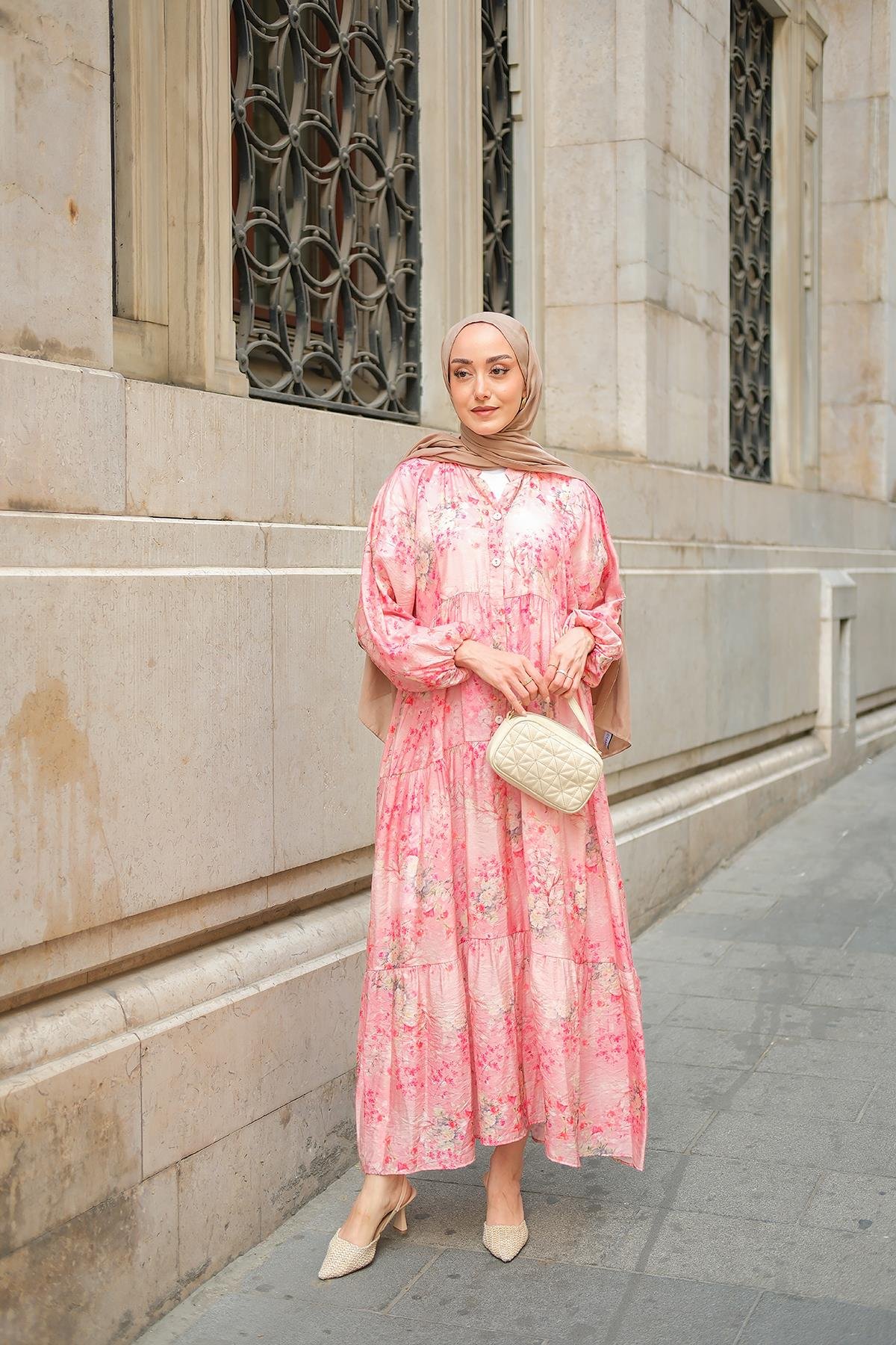 Mercan Desenli Elbise Fuşya