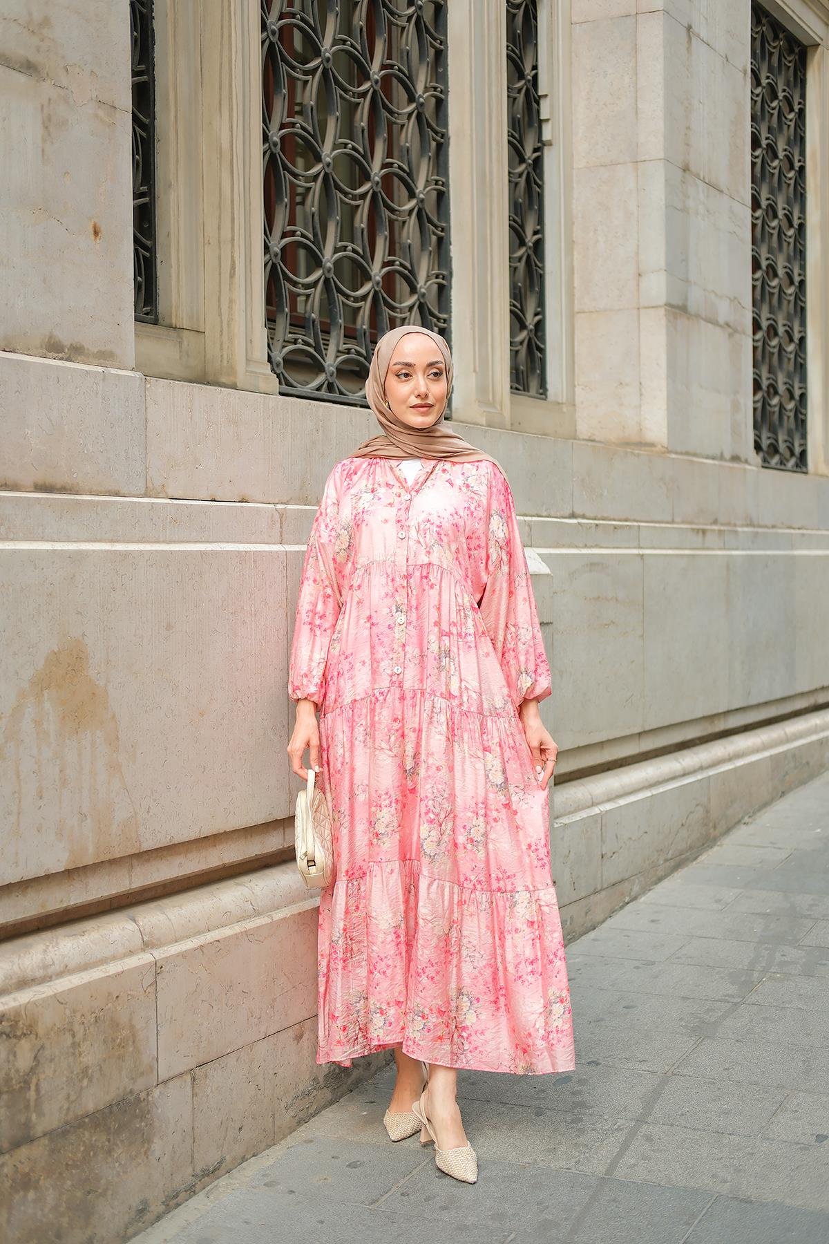 Mercan Desenli Elbise Fuşya