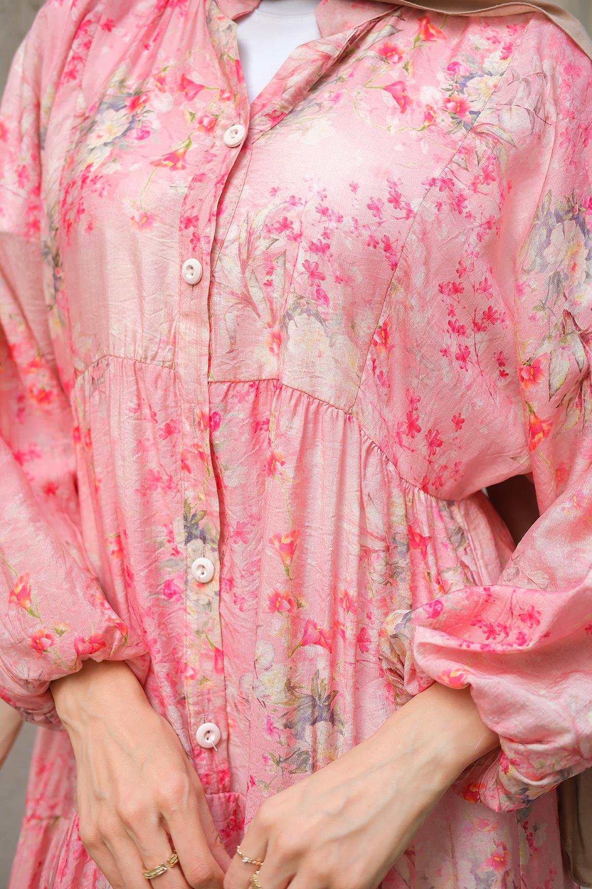 Mercan Desenli Elbise Fuşya