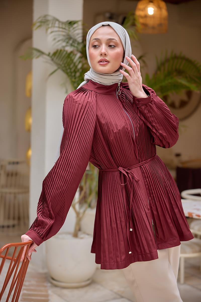 Micro Pileli Kısa Trenç Bordo