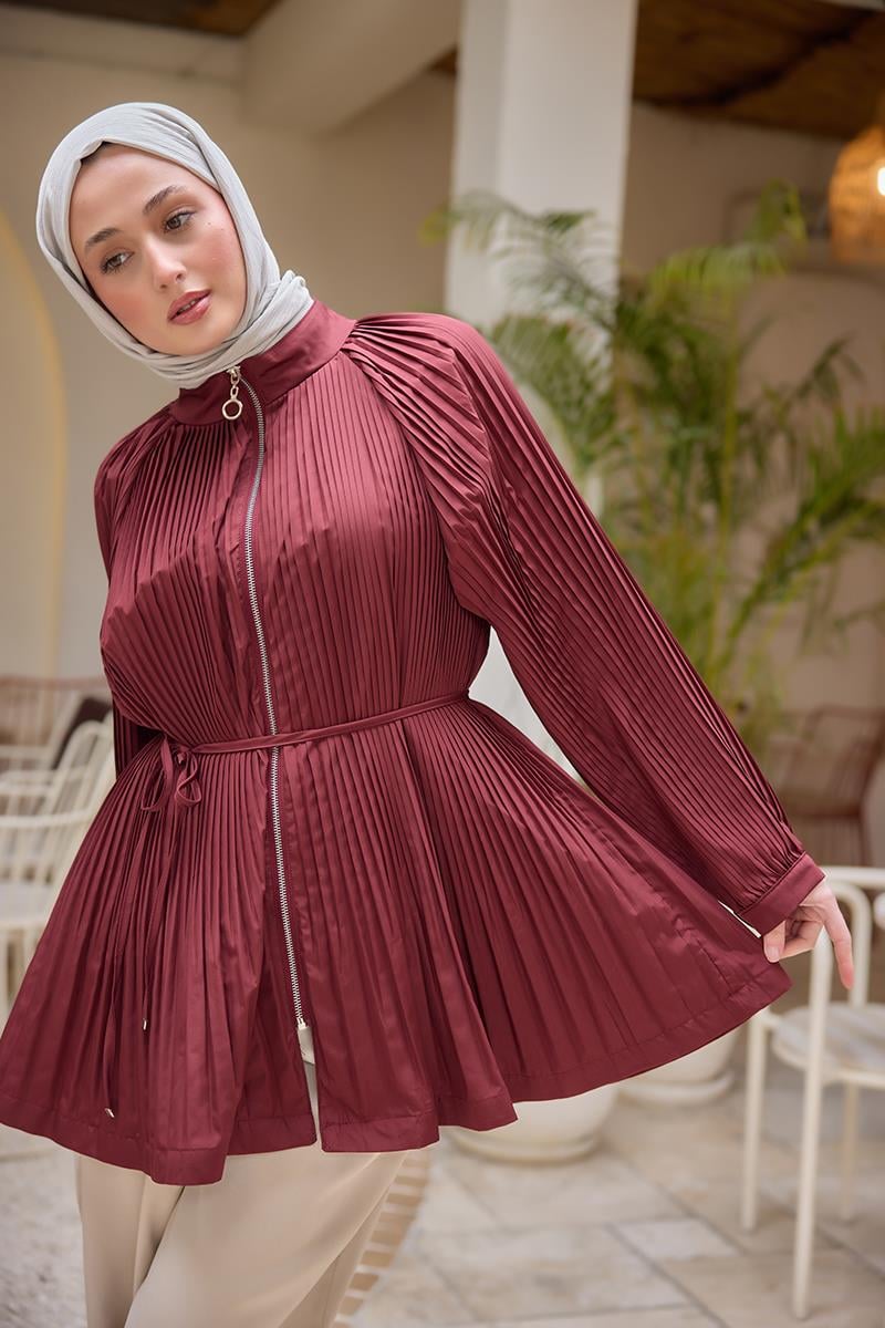 Micro Pileli Kısa Trenç Bordo