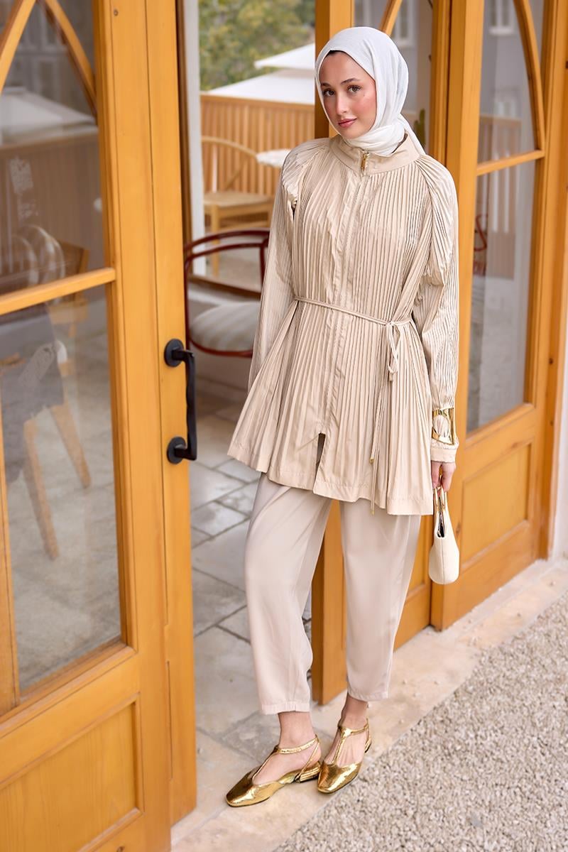 Micro Pileli Kısa Trenç Krem