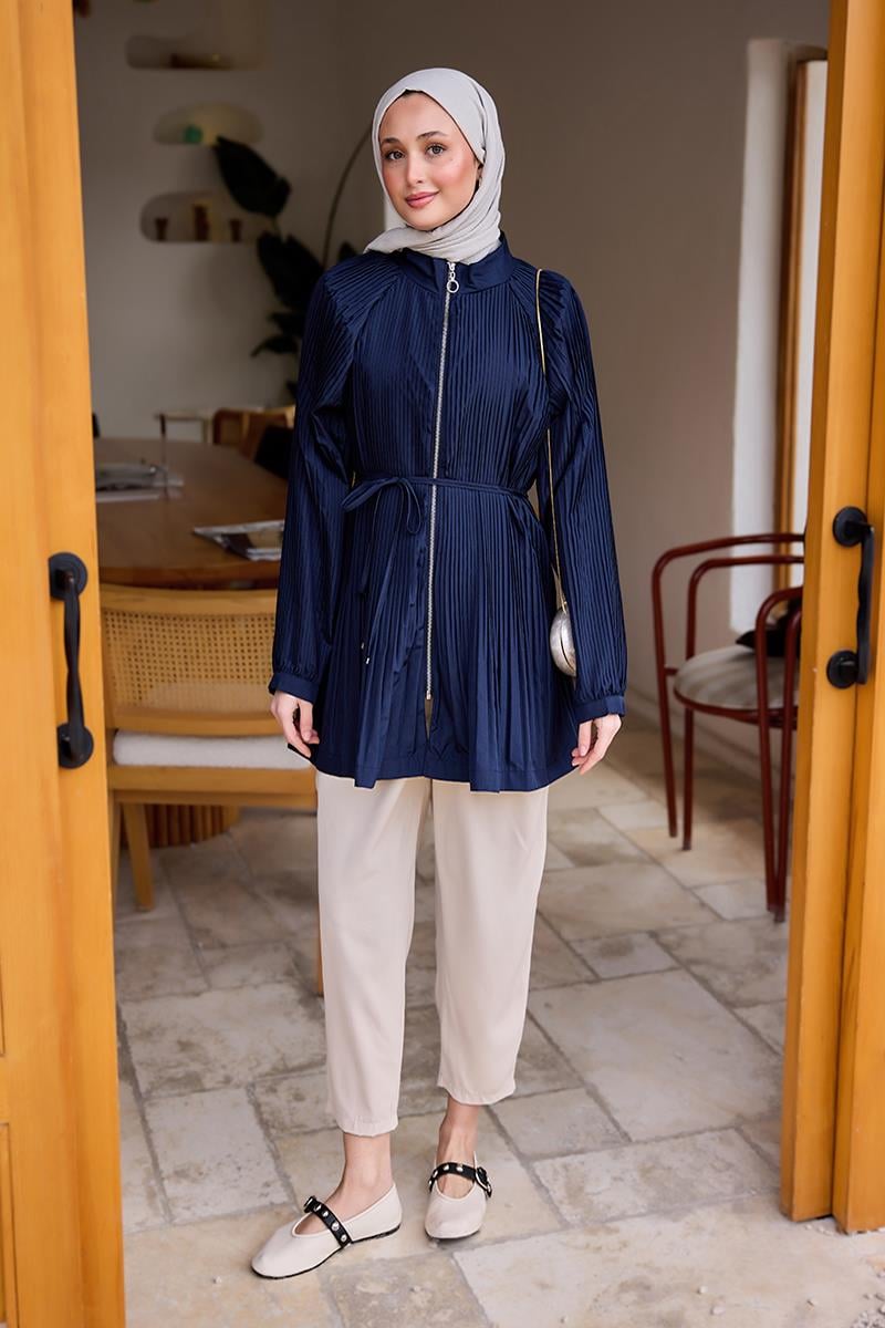 Micro Pileli Kısa Trenç Lacivert