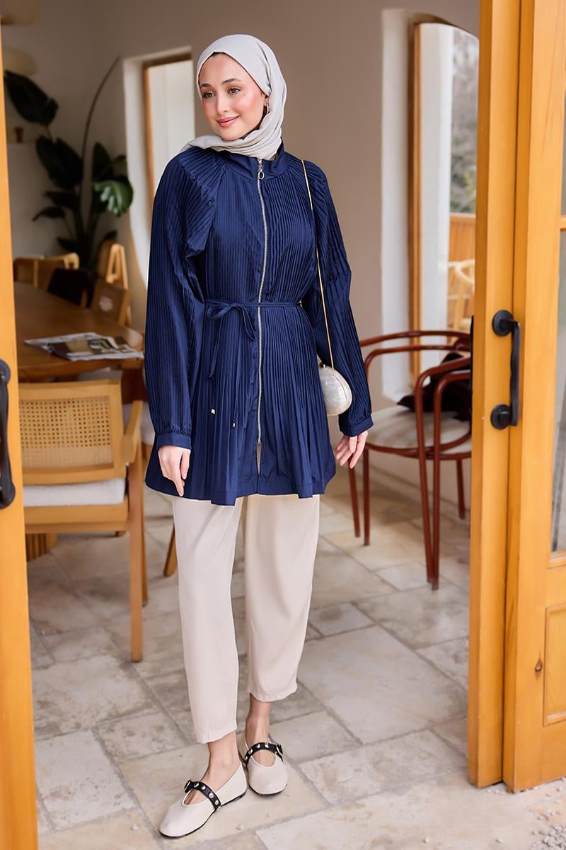 Micro Pileli Kısa Trenç Lacivert