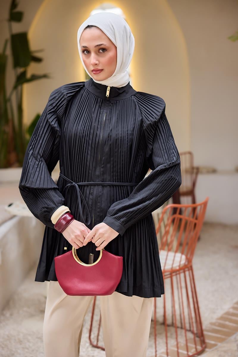 Micro Pileli Kısa Trenç Siyah