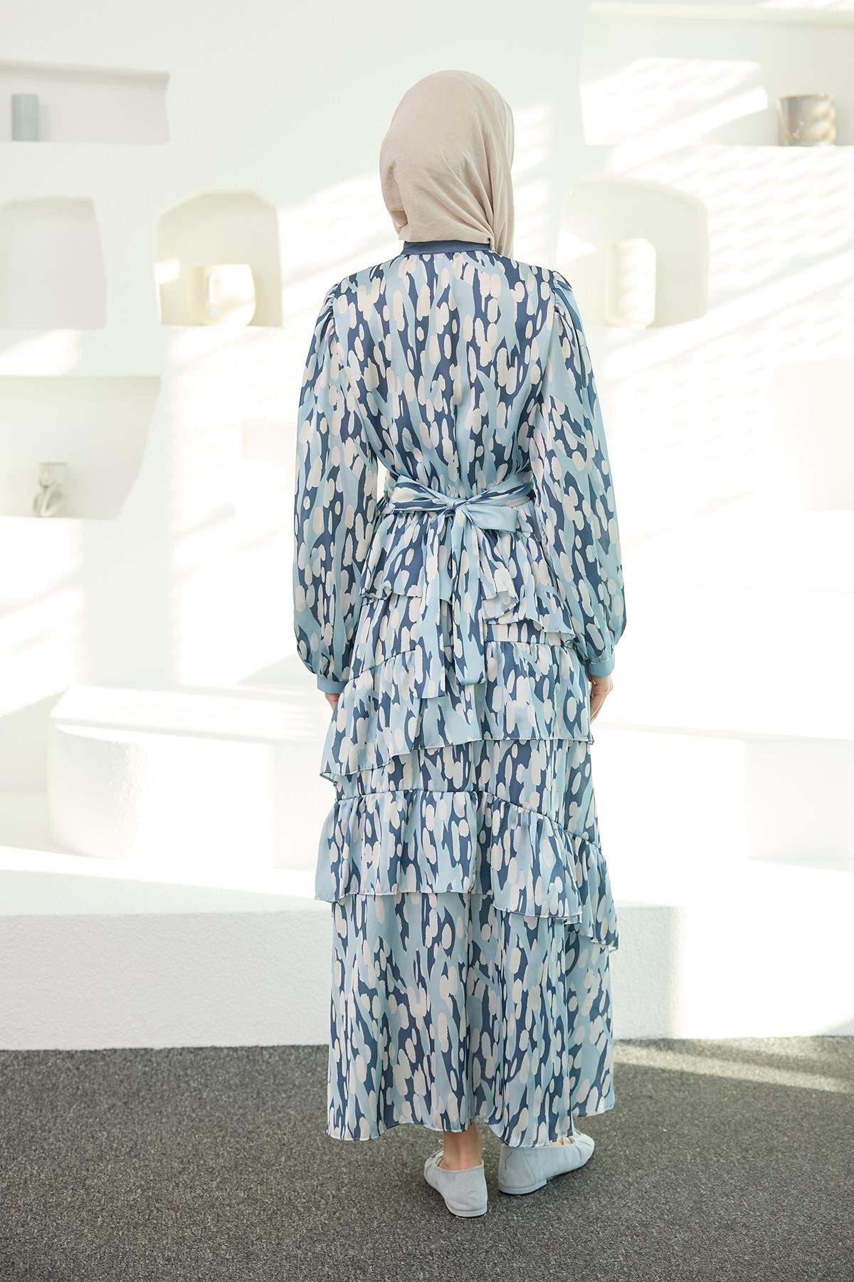 Mirami Desenli Jakar Elbise Mavi