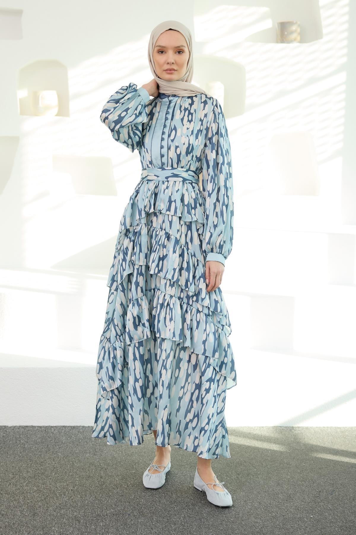 Mirami Desenli Jakar Elbise Mavi