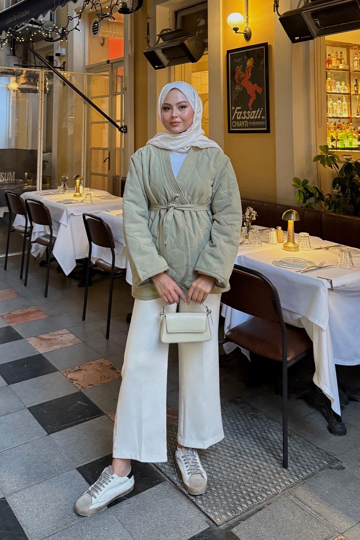 Nakış Desenli Bel Bağlamalı Ceket Küf Yeşil