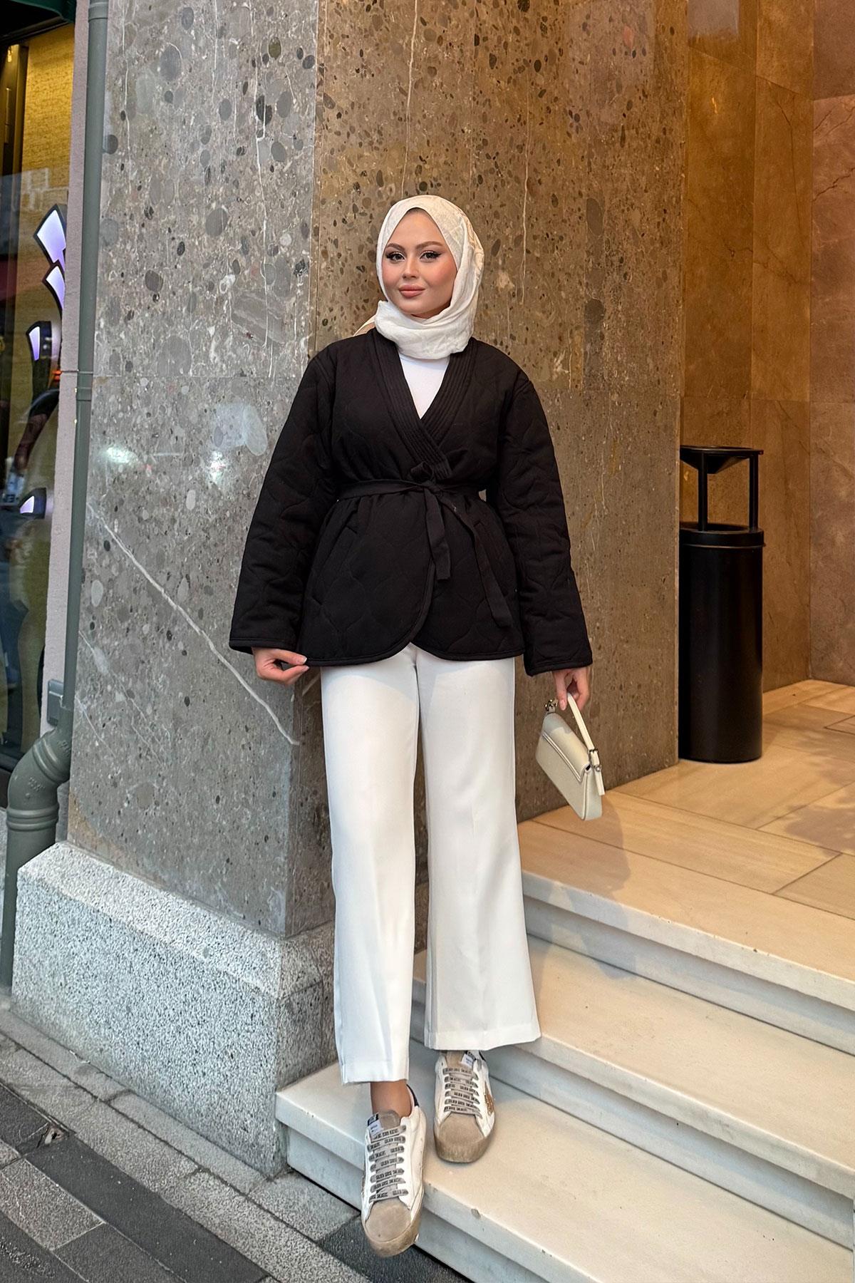 Nakış Desenli Bel Bağlamalı Ceket Siyah