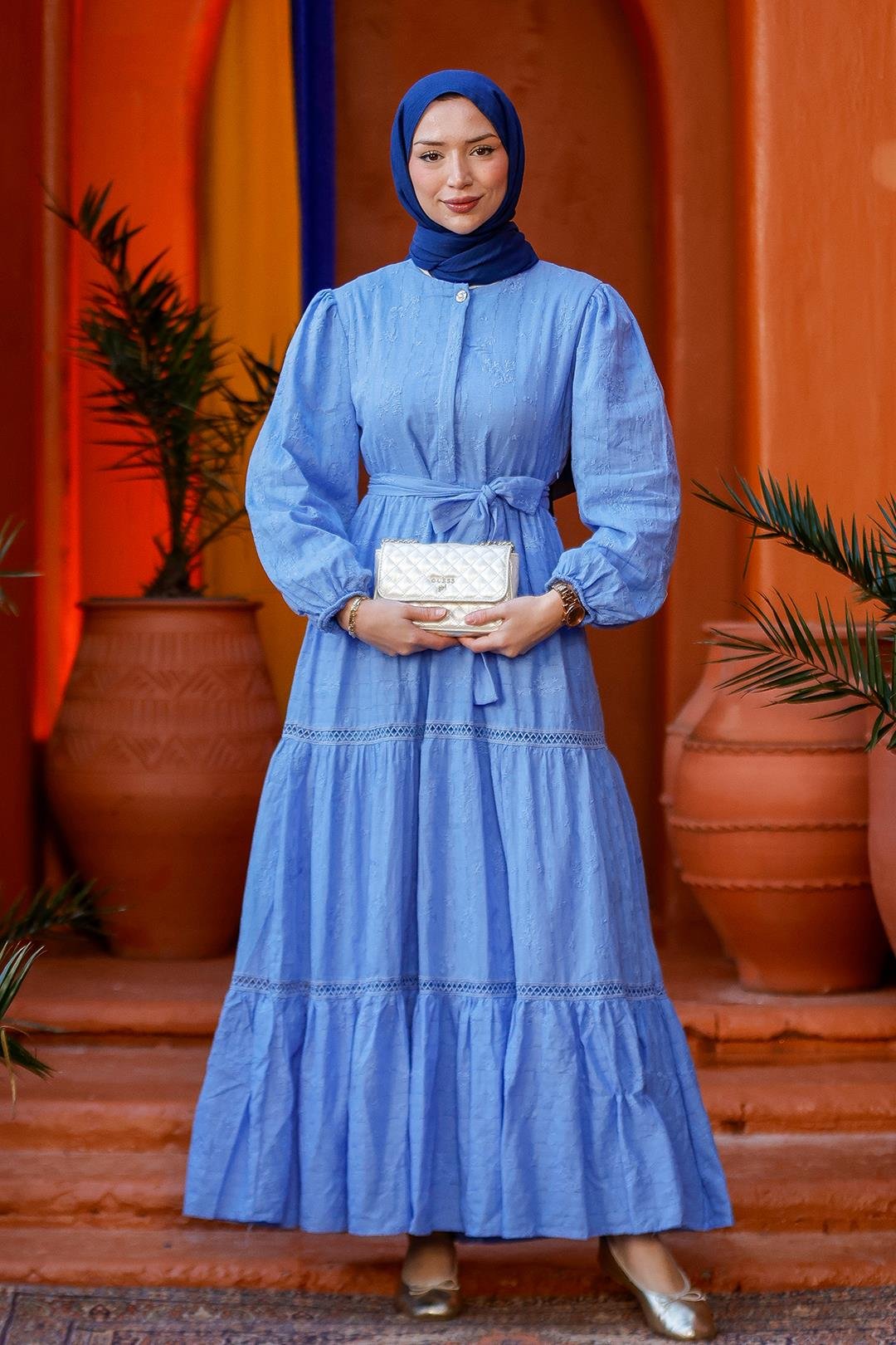 Nakış Detaylı Jakar Elbise Mavi