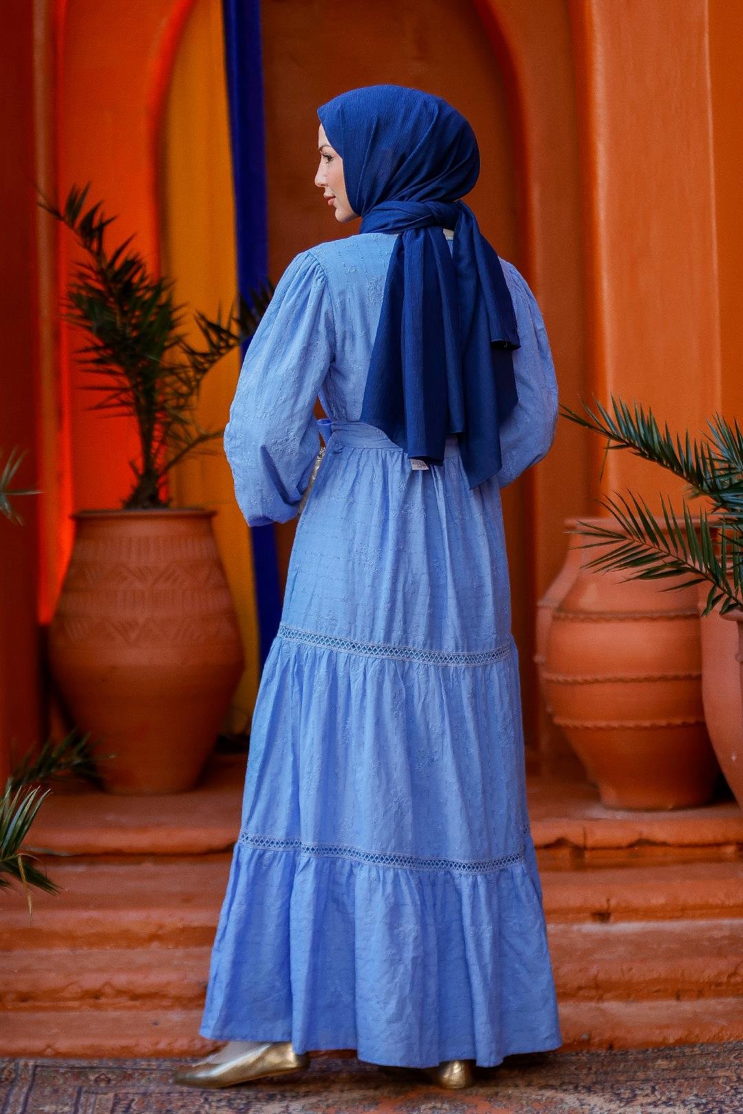 Nakış Detaylı Jakar Elbise Mavi