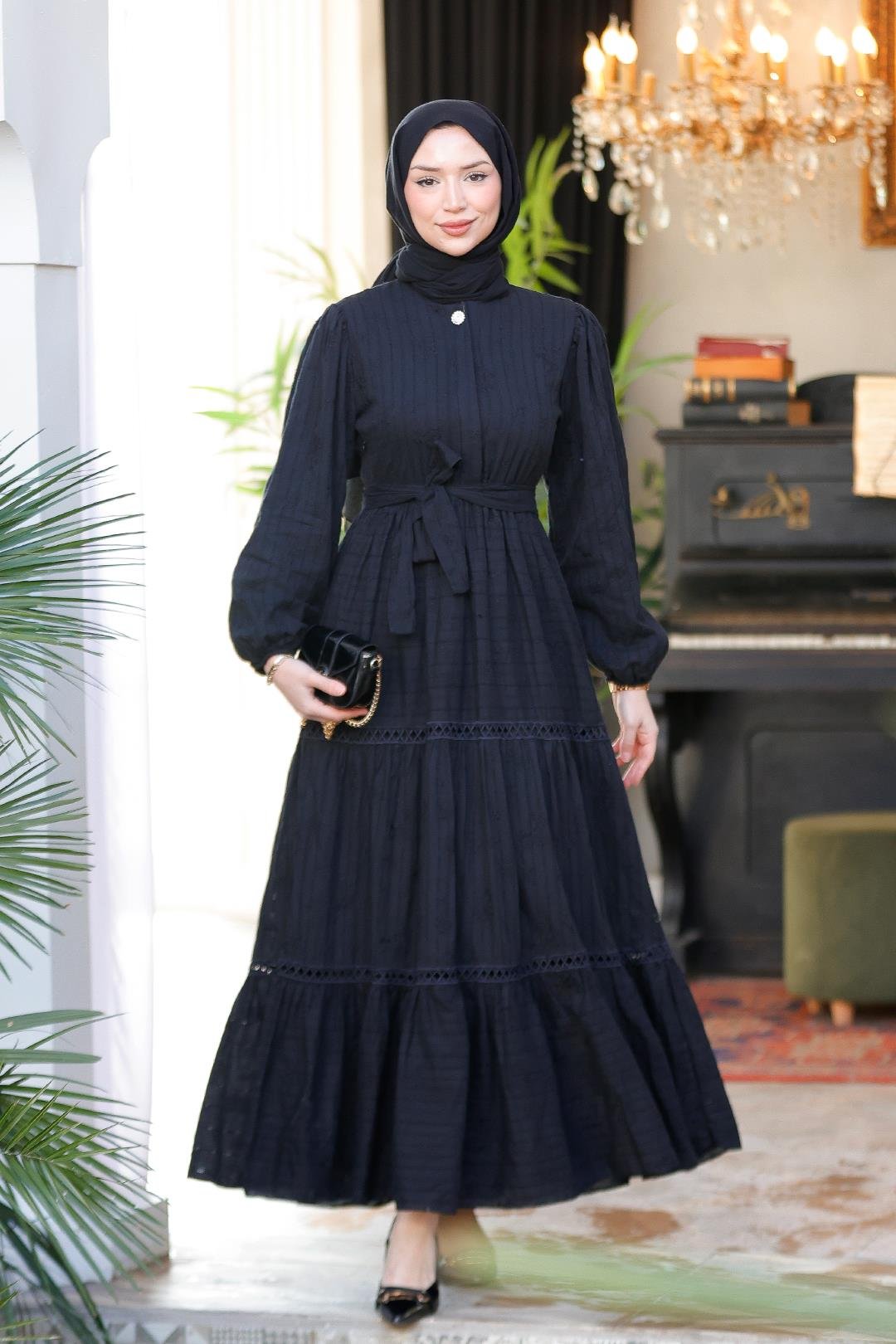 Nakış Detaylı Jakar Elbise Siyah