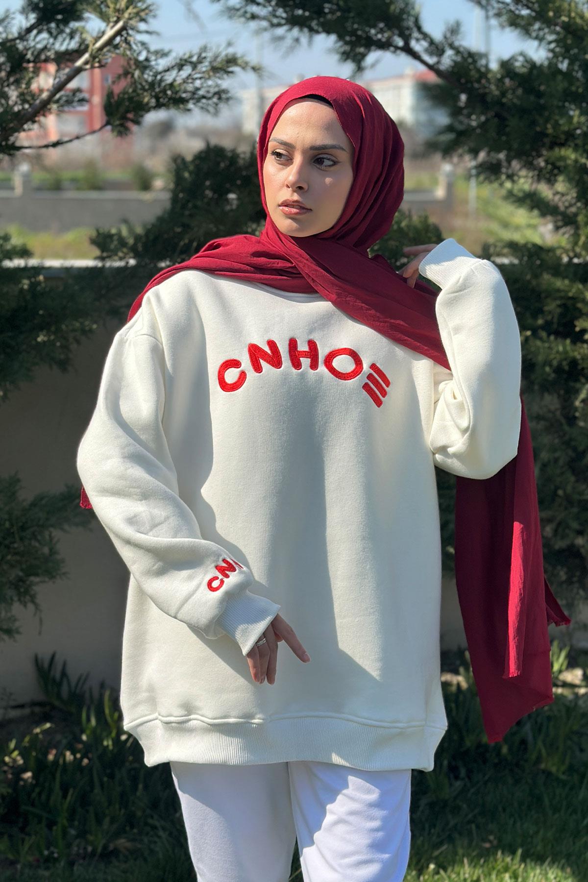 Nakış Detaylı Oversize Sweat Beyaz