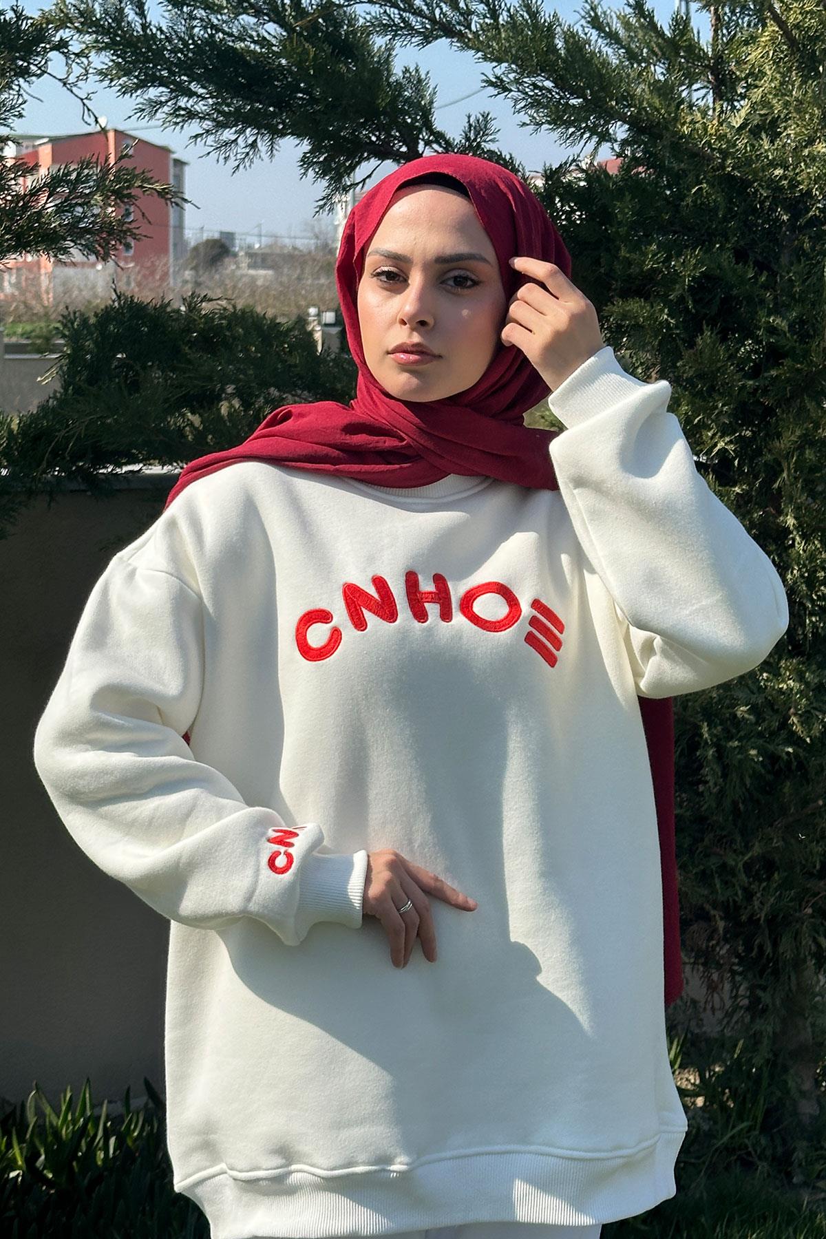 Nakış Detaylı Oversize Sweat Beyaz