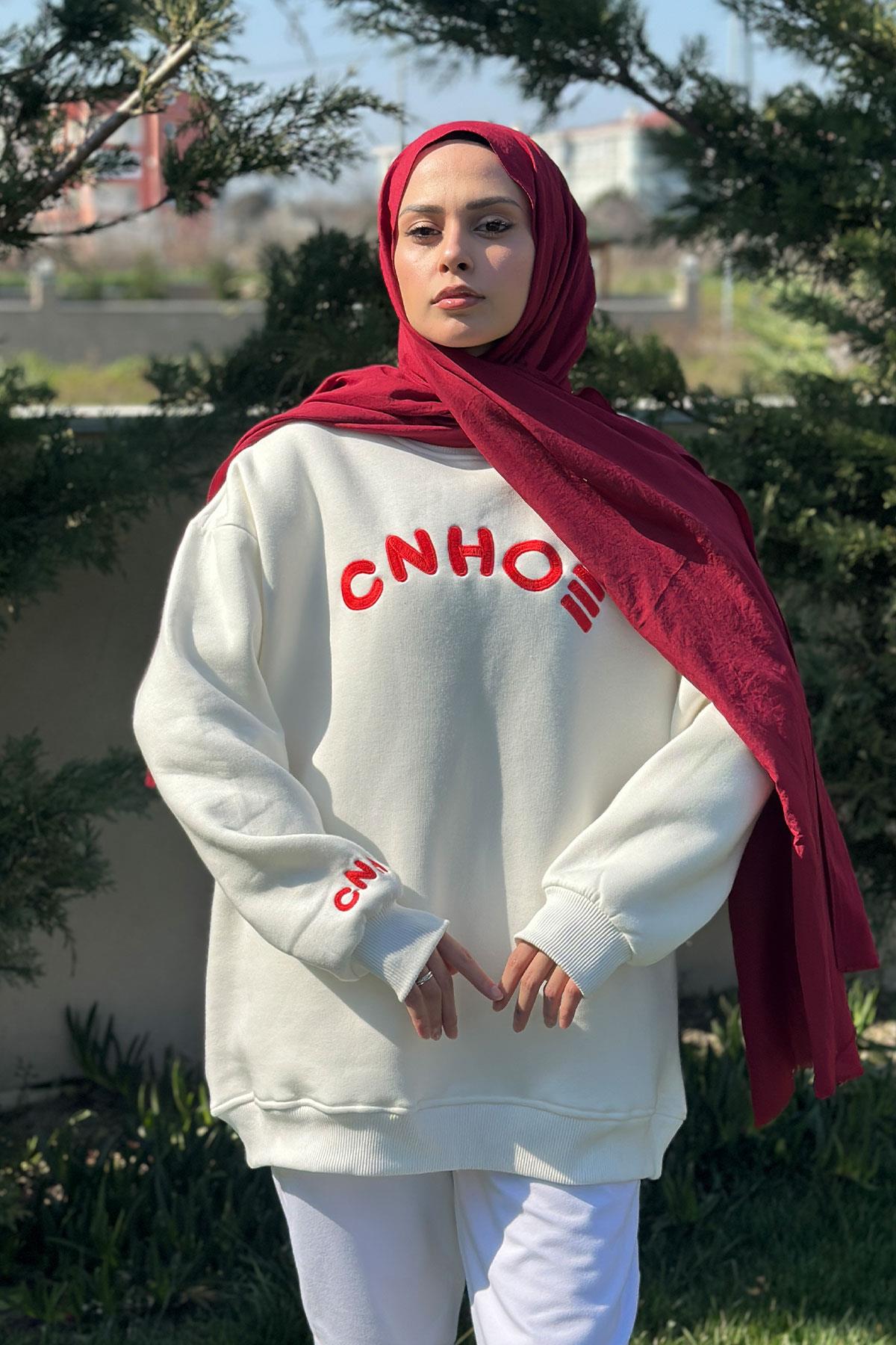 Nakış Detaylı Oversize Sweat Beyaz