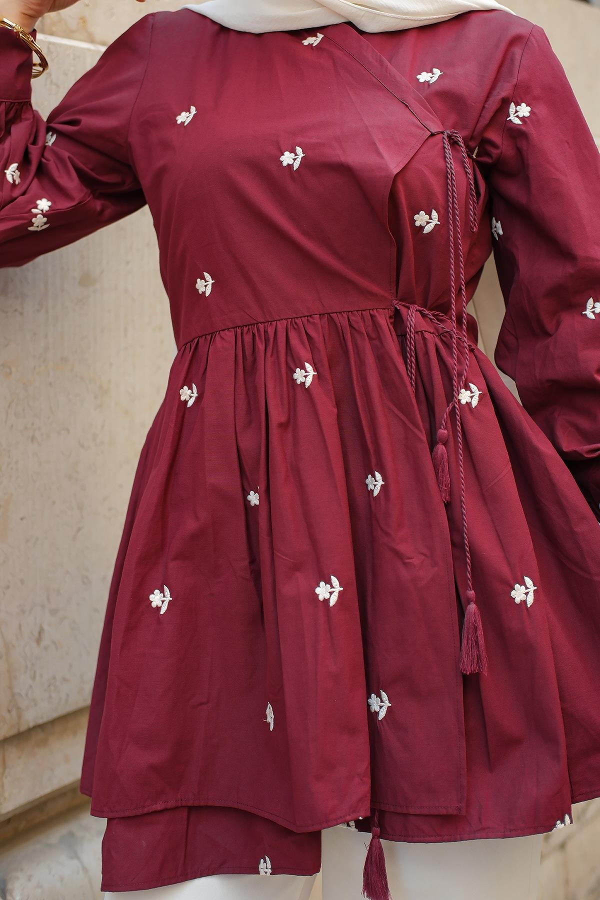 Nakış İşlemeli Yandan Bağlamalı Tunik Bordo