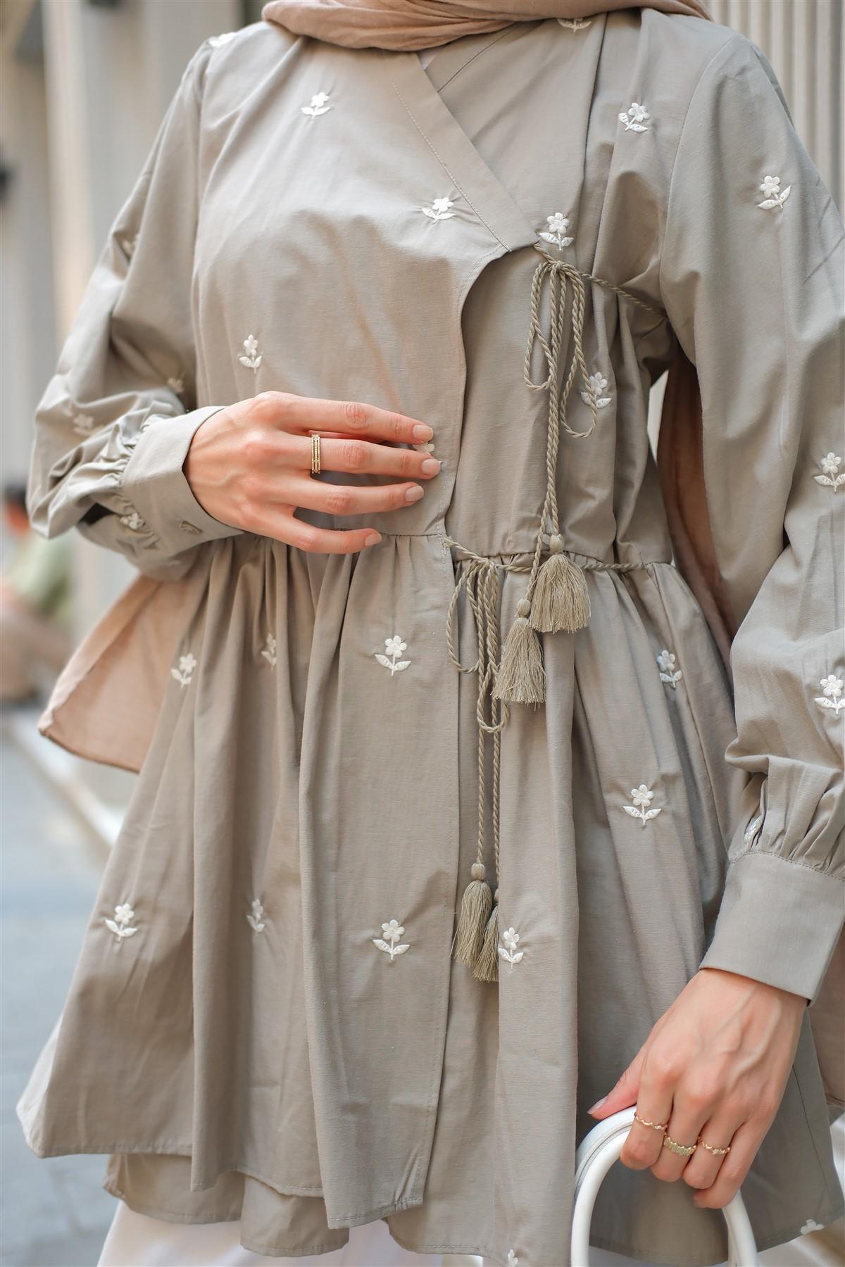 Nakış İşlemeli Yandan Bağlamalı Tunik Küf Yeşil