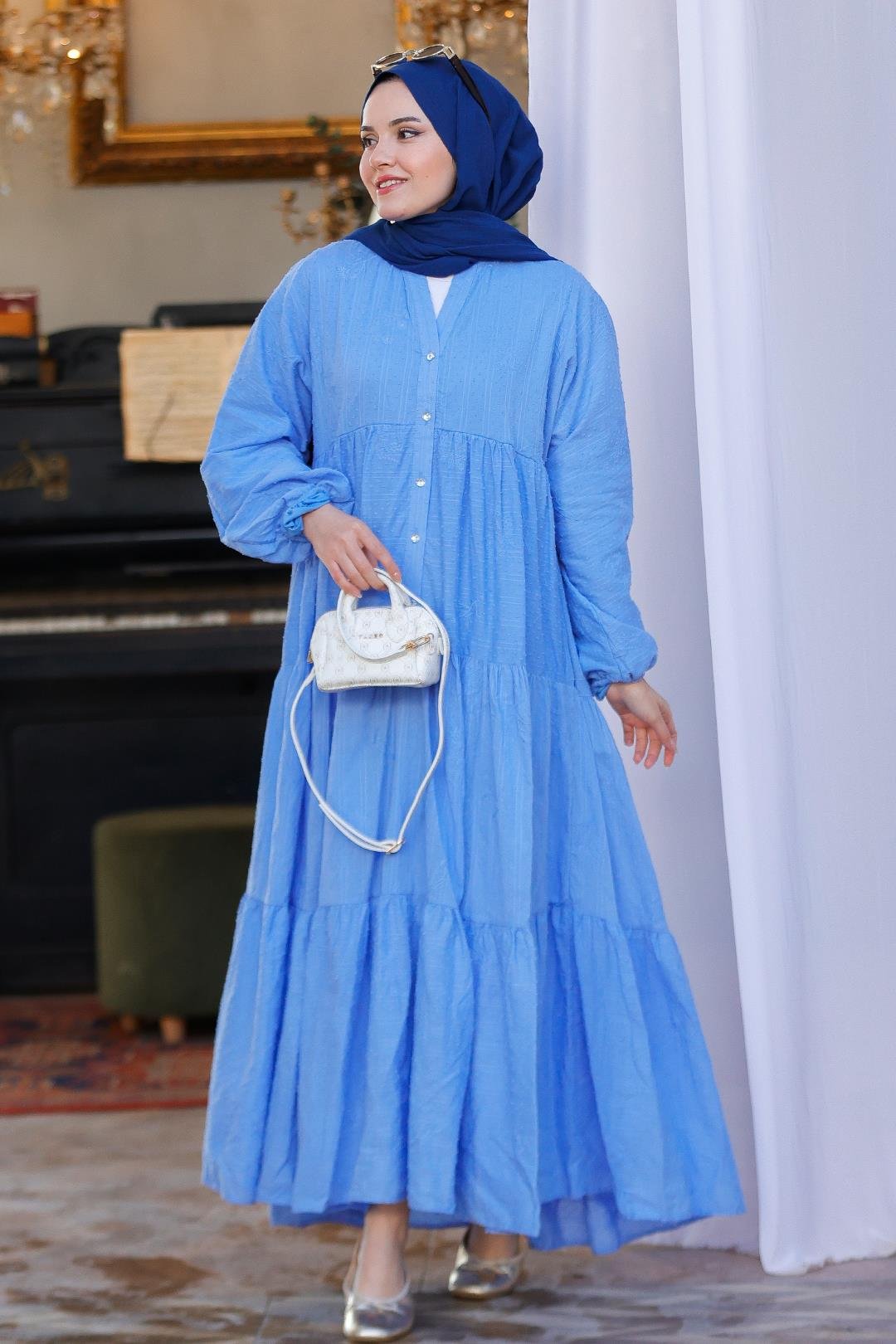 Nakış ve Nope Detaylı Astarlı Elbise Mavi