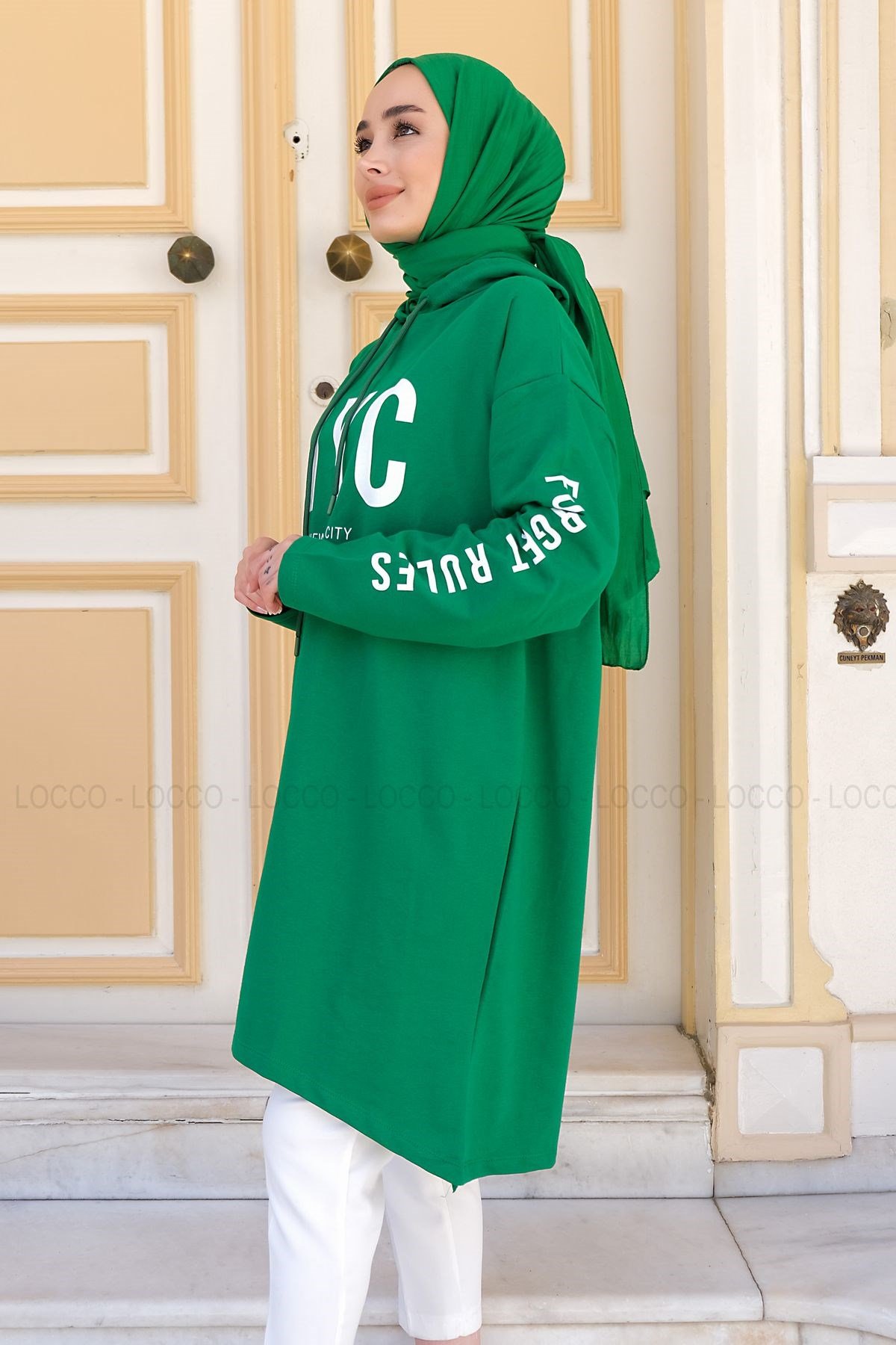 Uygun Fiyatlı NYC BASKILI KAPSONLU SWEAT YESIL | Loccomoda.com 